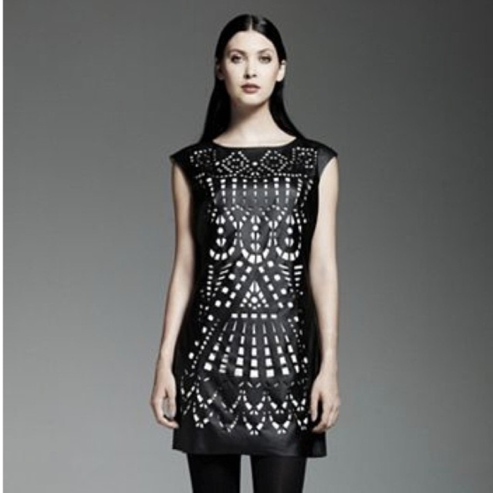 Catherine Malandrino Shift Dress Womens Small Black Laser Cut Faux Leather Glam‎